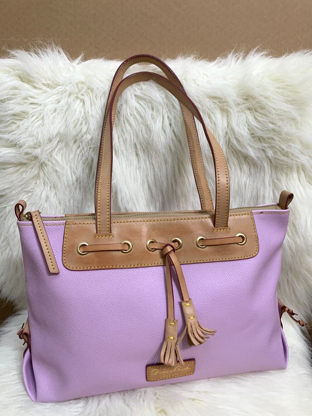 DOONEY & BOURKE Rare Vintage Lavender Coated Canvas Leather Zip Top Tassel Tote